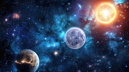 In the vast expanse of space the sun moon and Earth 