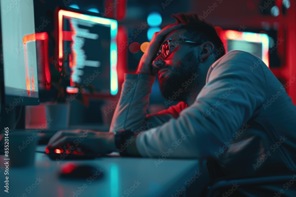 Poster a person sitting in front of a computer screen with various applications open