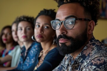 Obraz premium A group of friends or colleagues seated next to each other, possibly having a meeting or socializing