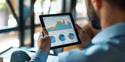 Businessman analyzing financial data on a tablet in a modern office setting, showcasing the use of technology for business analysis and decision-making