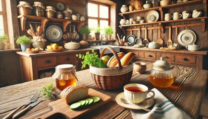 Fototapeta premium Rustic Kitchen with Fresh Bread and Tea, AI-Generated Cozy Farmhouse Breakfast Scene