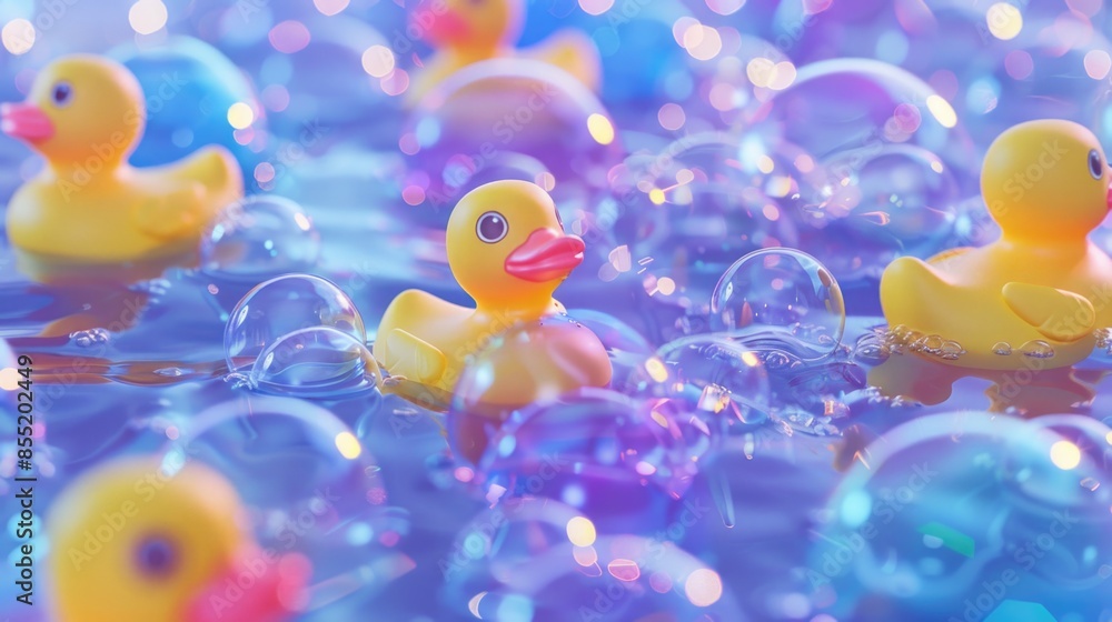 Poster a group of rubber ducks floating in a pool of water, perfect for use as a decorative element or to a