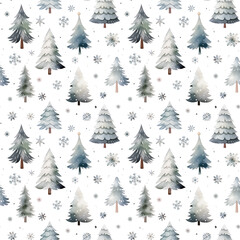 Obraz premium Watercolor seamless pattern with various Christmas trees and snowflakes, isolated on white background.