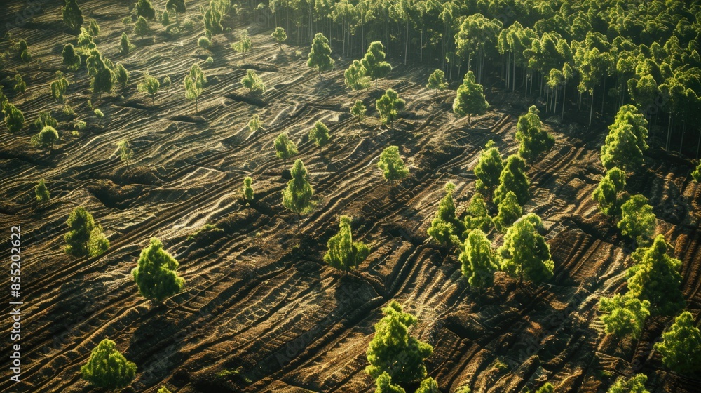 Poster an aerial view of a forest with many trees and greenery, suitable for use in environmental or landsc