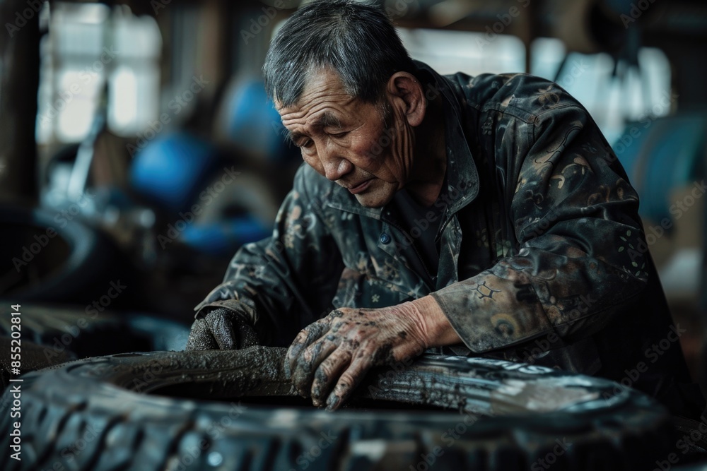 Poster a worker fixing a tire in a factory environment, ideal for use in industrial or mechanical contexts