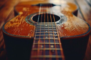 Fototapeta premium Acoustic guitar soundboard and neck close-up