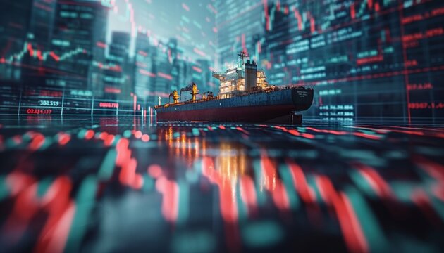 A vivid composite of a cargo ship and digital stock data graphs at night-time