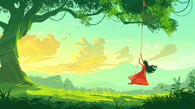 illsuatrtion of indian festival hariyali teej means green teej .woman enjoy the festival with swing in monsoon on beautiful landscape backdrop..