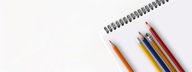 Back to school. Empty notebook and pencils in various colors, on white background. Sparse, simplicity. Copy space.