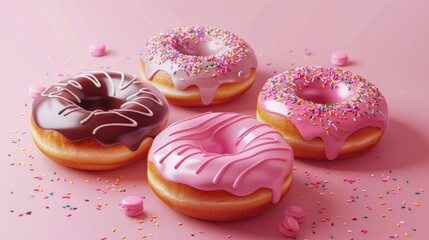 Delicious pink donuts with colorful frosting and sprinkles on a bright pink background