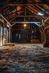Barn interior with hay scattered on the floor, suitable for rustic or farm-themed images