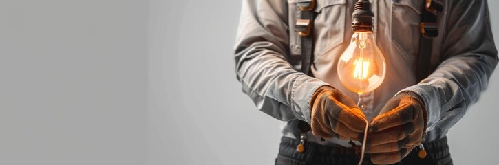 An electrician holds a lit lightbulb with his gloved hands