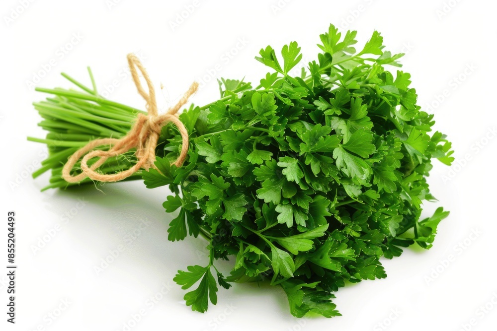 Poster a bundle of fresh parsley wrapped in a string, great for decorating or adding a pop of green to any 