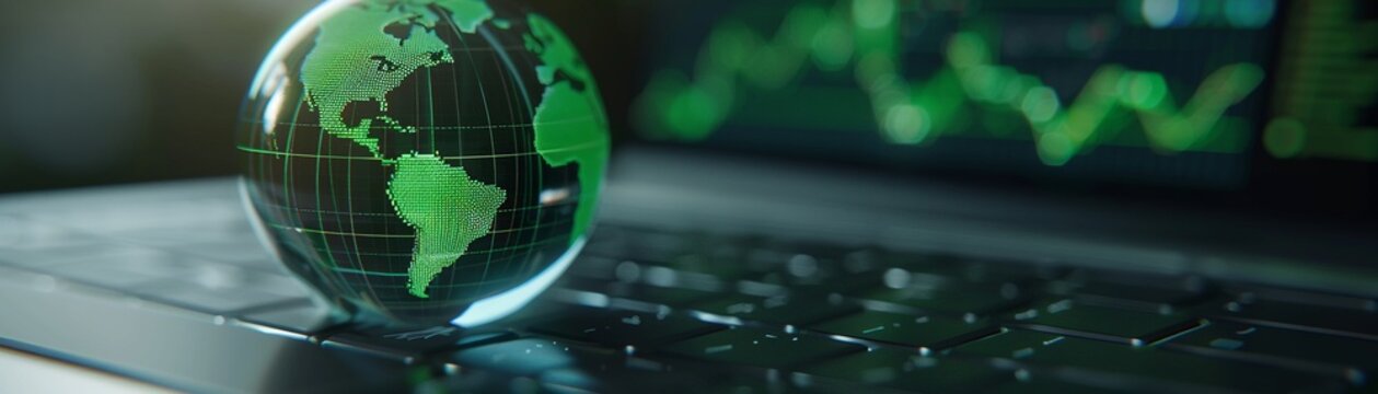 3D globe reflecting green continents, resting on a laptop with financial graphs, representing global market analysis, cyberfinance theme