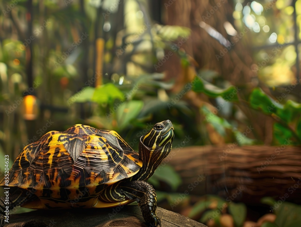 Poster a turtle perched on a log amidst trees in a woodland setting
