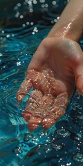 Fototapeta premium Glistening hand of young person touching sparkling water with droplets reflecting sunlight in calming summer scene, poolside vibe, refreshment.