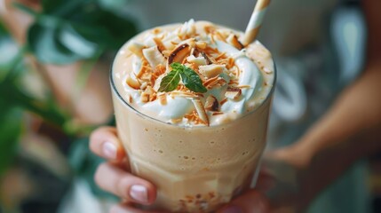 Sipping on a Coconut Cream Dream Smoothie, a creamy delight captured in this Instagram shot, first person, 8k