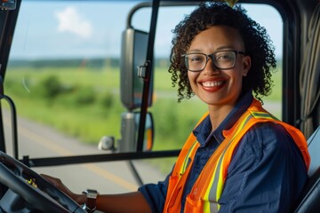 Naklejka premium A woman with curly hair and glasses, wearing a safety vest, smiles while driving a truck