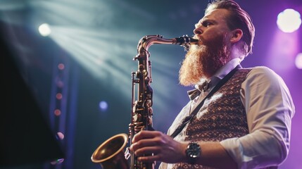 A person with a beard holding a saxophone, ready to play