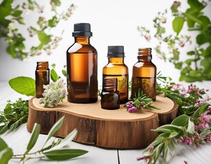 A wooden table with several bottles of essential oils and herbs on it. The table is surrounded by green leaves and flowers, creating a natural and calming atmosphere
