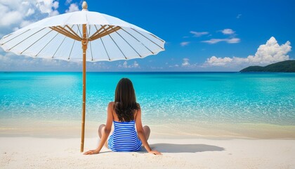 A woman is sitting on the beach under an umbrella. The sky is blue and the water is calm. The woman is wearing a blue and white striped dress