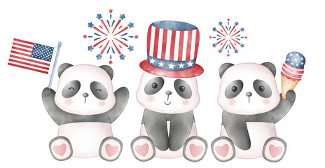Illustration of a little Pandas, Independence Day clipart