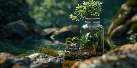 A decorative glass jar filled with various plants and rocks, perfect for home decor or gift giving