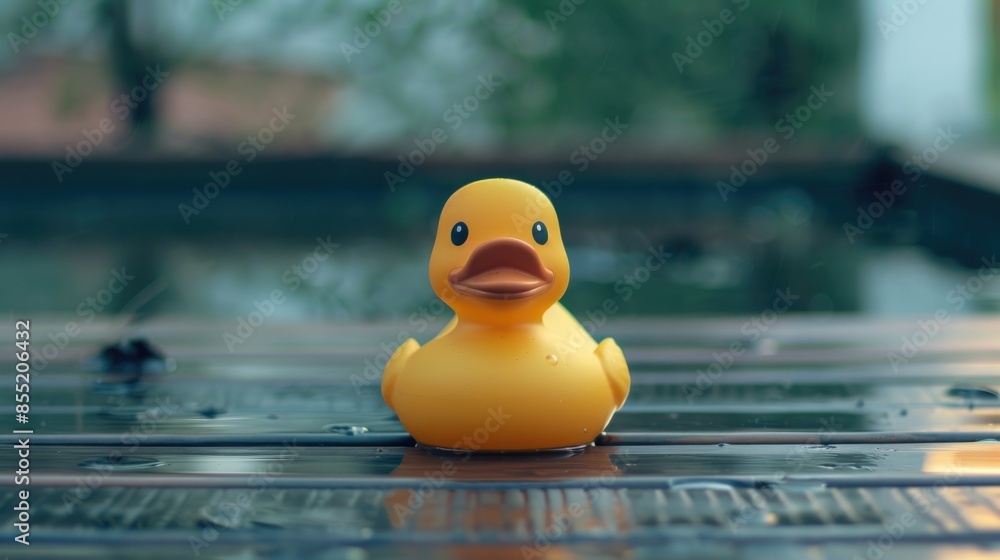 Poster a yellow rubber duck sits on top of a pool, perfect for adding a touch of whimsy to your photoshoot 