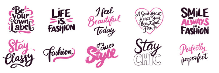 Collection of Style, Fashion text lettering. Hand drawn vector art.