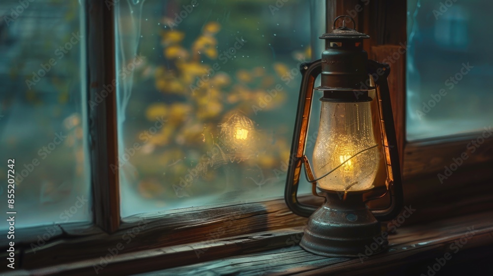 Poster a single lantern sits on a window sill in front of a window, providing soft light