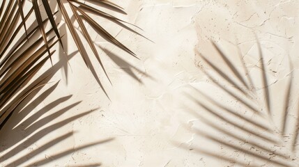 Obraz premium Palm leaf shadow on beige background invitation card mockup template with copy space