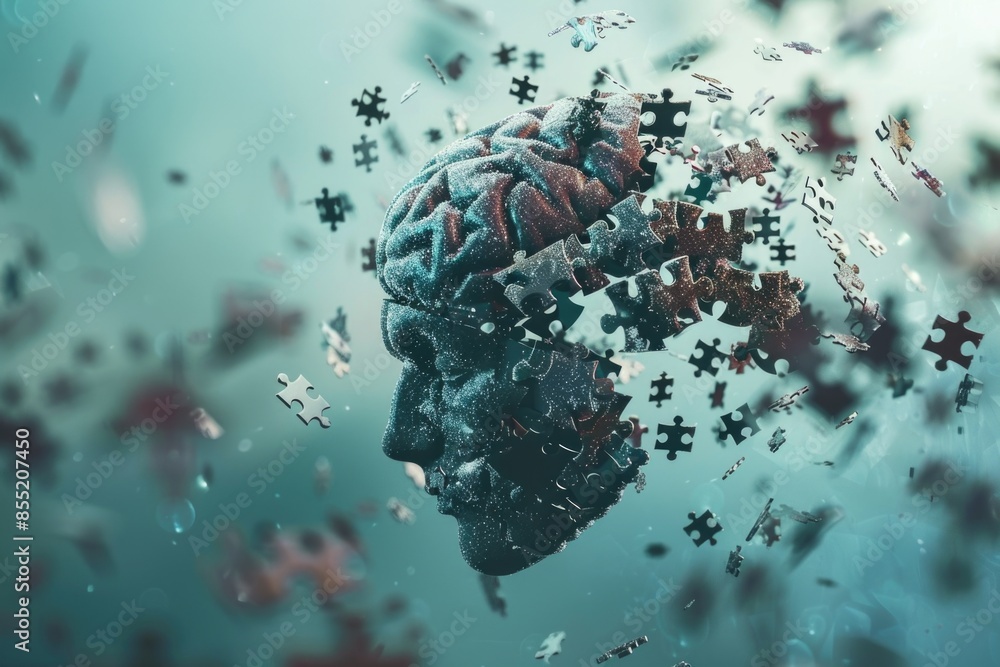 Poster a close-up of a person's head surrounded by puzzle pieces, possibly representing problem-solving or 