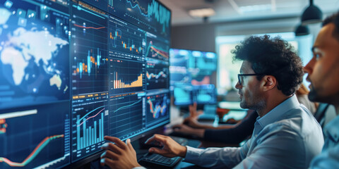 Analysts working in a modern office, monitoring multiple financial data screens with charts, graphs, and world maps, highlighting stock market analysis and global economic trends