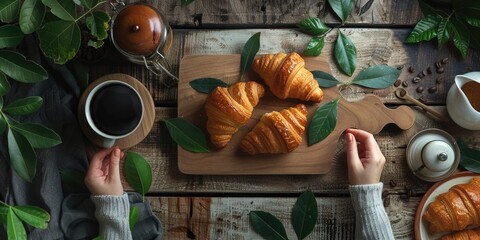 A person taking a break with a cup of coffee and freshly baked croissants
