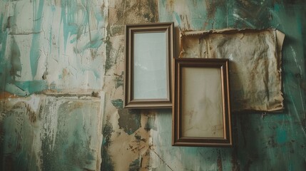 Two old photo frames with tape on a canvas background