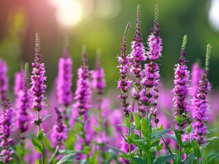 Obraz premium A bright and colorful scene with a field of purple flowers and the sun shining in the background