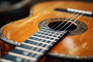 Fototapeta premium Classic wooden acoustic guitar close-up