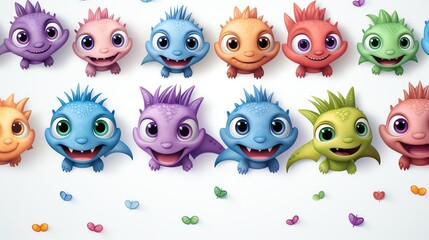 Fototapeta premium Cute cartoon baby dragons in various colors.
