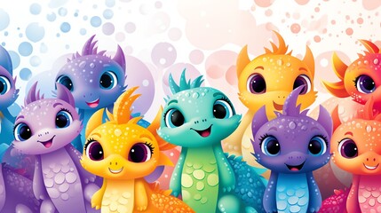 Obraz premium Cute cartoon dragons in various colors with big eyes and happy faces.