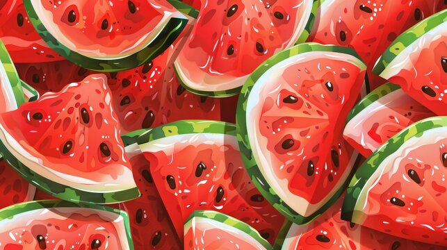 A unique display of sliced watermelons, piled high for visual impact