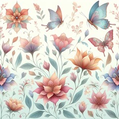 Floral pattern 10 with decorative butterflies, flowers and leaves on a light background
