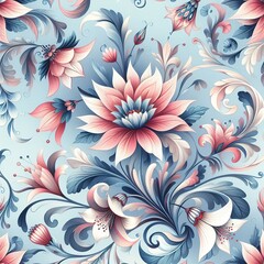 Floral pattern 11 with decorative flowers and leaves on a light blue background