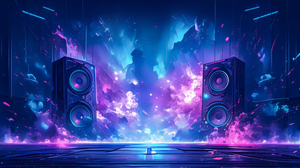 Abstract Background with Floating Speakers and Vibrant Cosmic Splashes
