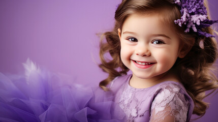 Fototapeta premium Portrait of a chic cute beautiful smiling baby girl with perfect skin, purple background, banner.