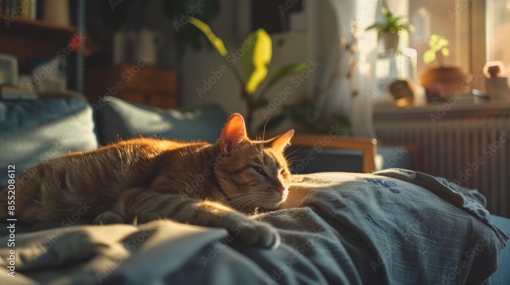 Poster a cat is lying down next to an open window, with soft light pouring in