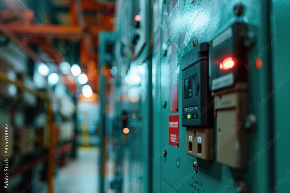 Poster control panel in a building with various buttons and displays