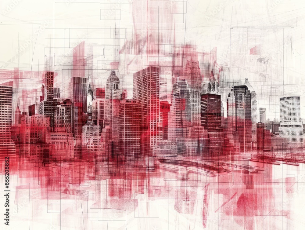 Aufkleber abstract metropolitan skyline with overlapping architectural blueprints and translucent red overlay,