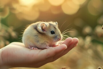 A small hamster sits comfortably on a person's hand, showing affection and trust