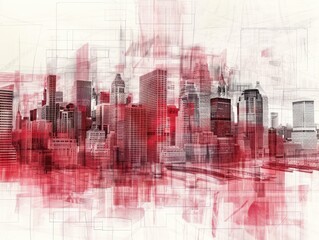 Abstract metropolitan skyline with overlapping architectural blueprints and translucent red overlay, depicting a futuristic or conceptual urban planning design.