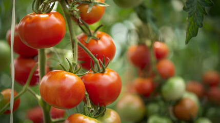 Ripe red tomatoes growing on the vine in a lush green garden, showcasing fresh and organic produce ready for harvest.